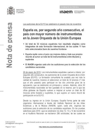 España es, por segundo año consecutivo, el país con mayor número de instrumentistas en la Joven Orquesta de la Unión Europea