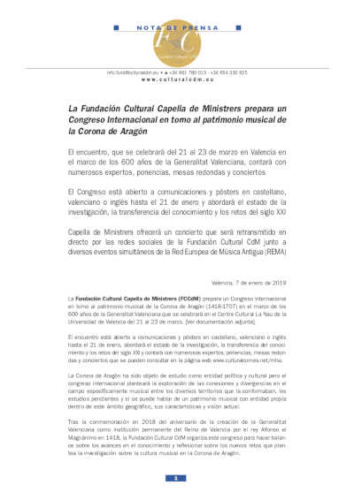 La Fundación Cultural Capella de Ministrers prepara un Congreso Internacional