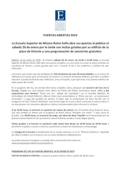 La Escuela Superior de Música Reina Sofía abre sus puertas al público el sábado 26 de enero