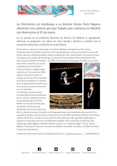 La Filarmónica de Hamburgo y su director titular, Kent Nagano ofrecerán una extensa gira por España