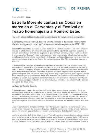Estrella Morente cantará su Copla en marzo en el Cervantes y el Festival de Teatro homenajeará a Romero Esteo