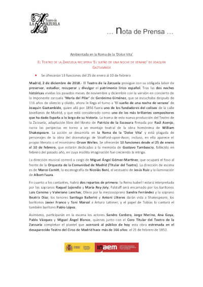 El Teatro de La Zarzuela recupera el «Sueño de una Noche de Verano» de Joaquín Gaztambide