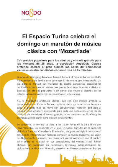 El Espacio Turina celebra el domingo un maratón de música clásica con ‘Mozartiade’