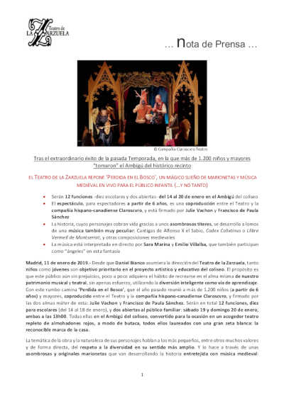 El Teatro de la Zarzuela repone «Perdida en el Bosco», en vivo para el público infantil y… no tanto.