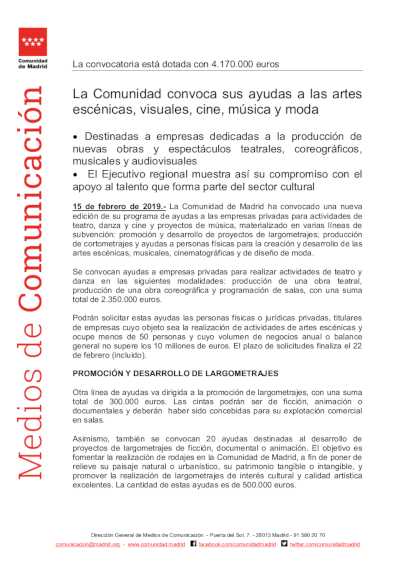 La Comunidad de Madrid convoca sus ayudas a las artes escénicas, visuales, cine, música y moda La Comunidad de Madrid convoca sus ayudas a las artes escénicas, visuales, cine, música y moda