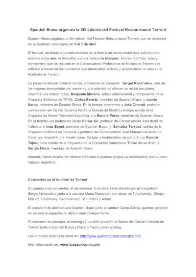 Spanish Brass organiza la XIII edición del Festival Brassurround Torrent