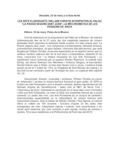 Les Arts Florissants y William Christie interpretan «La Pasión según San Juan» en el Palau