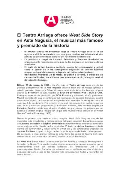 El Teatro Arriaga ofrece West Side Story en Aste Nagusia