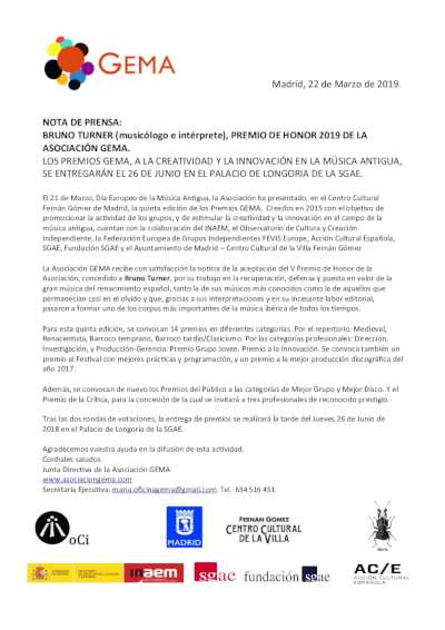 Concedido al musicólogo e intérprete Bruno Turner el Premio de Honor 2019 de la Asociación GEMA