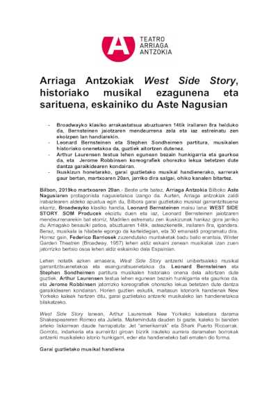 El Teatro Arriaga ofrece West Side Story en Aste Nagusia