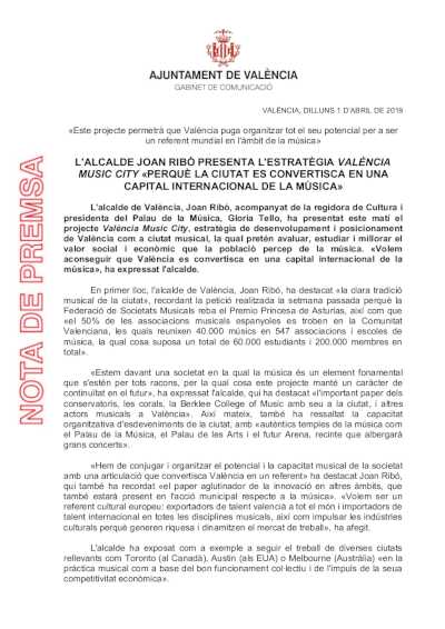 El Alcalde Joan Ribó presenta «València Music City» para convertir la ciudad en capital internacional de la música