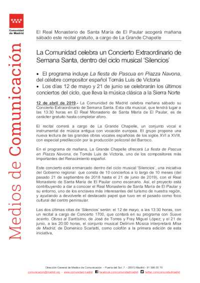 La Comunidad celebra un Concierto Extraordinario de Semana Santa, dentro del ciclo musical ‘Silencios’