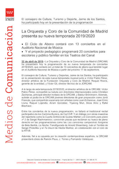 La Orquesta y Coro de la Comunidad de Madrid presenta su nueva temporada 2019/2020