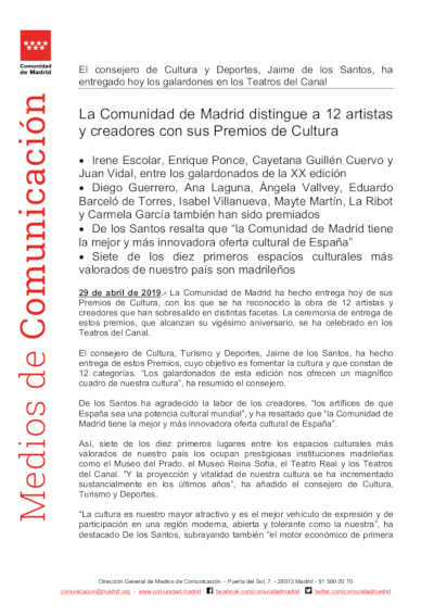 La Comunidad de Madrid distingue a 12 artistas y creadores con sus Premios de Cultura La Comunidad de Madrid distingue a 12 artistas y creadores con sus Premios de Cultura