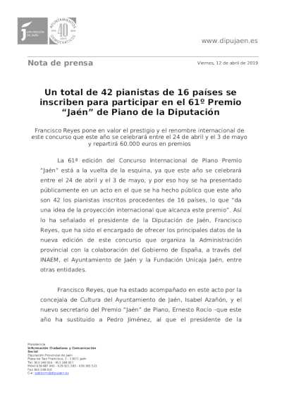 Un total de 42 pianistas de 16 países se inscriben para participar en el 61º Premio “Jaén” de Piano de la Diputación Un total de 42 pianistas de 16 países se inscriben para participar en el 61º Premio “Jaén” de Piano de la Diputación