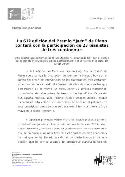 La 61ª edición del Premio “Jaén” de Piano contará con la participación de 23 pianistas de tres continentes La 61ª edición del Premio “Jaén” de Piano contará con la participación de 23 pianistas de tres continentes
