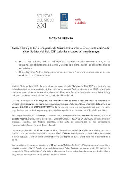 Radio Clásica y la Escuela Superior de Música Reina Sofía celebran la 27 edición del ciclo “Solistas del Siglo XXI”