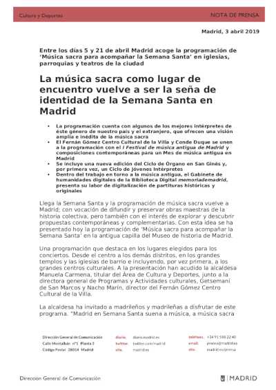 La música sacra como lugar de encuentro vuelve a ser la seña de identidad de la Semana Santa en Madrid La música sacra como lugar de encuentro vuelve a ser la seña de identidad de la Semana Santa en Madrid