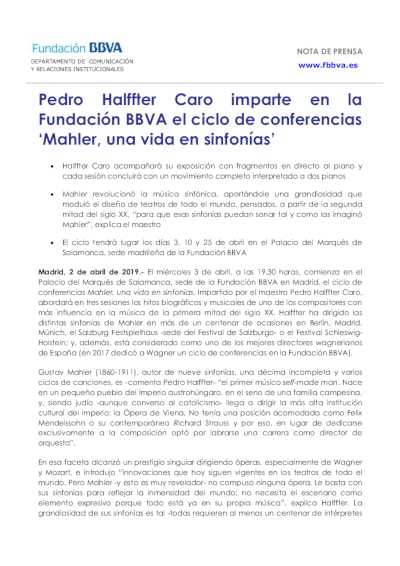 Pedro Halffter Caro imparte en la Fundación BBVA el ciclo de conferencias ‘Mahler, una vida en sinfonías’