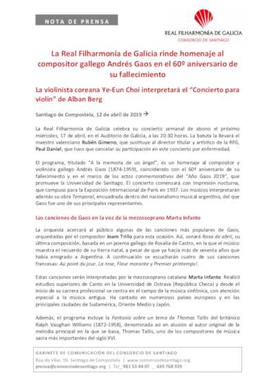 La Real Filharmonía de Galicia rinde homenaje al compositor gallego Andrés Gaos en el 60º aniversario de su fallecimiento