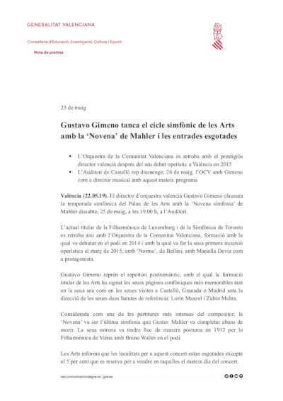 Gustavo Gimeno cierra el ciclo sinfónico de Les Arts con la ‘Novena’ de Mahler y las entradas agotadas