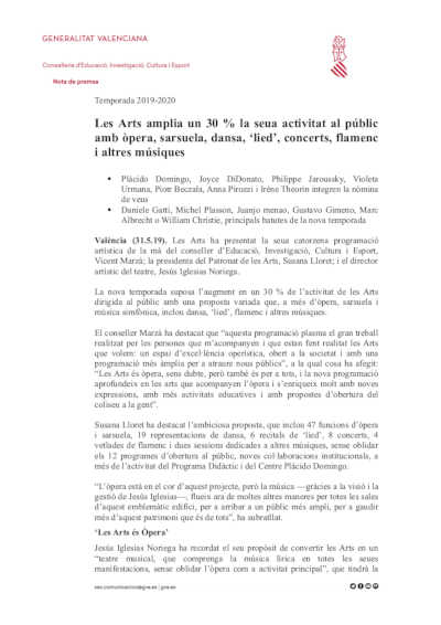 Les Arts amplía un 30 % su actividad al público con ópera, zarzuela, danza, ‘lied’, conciertos, flamenco y otras músicas Les Arts amplía un 30 % su actividad al público con ópera, zarzuela, danza, ‘lied’, conciertos, flamenco y otras músicas