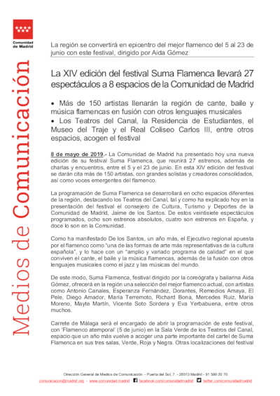 La XIV edición del festival Suma Flamenca llevará 27 espectáculos a 8 espacios de la Comunidad de Madrid