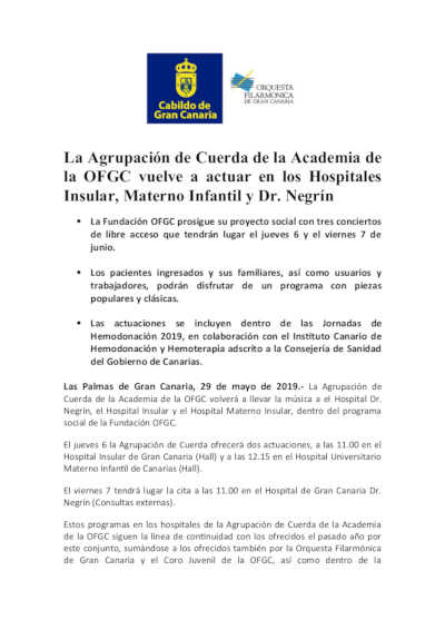 La Agrupación de Cuerda de la Academia de la OFGC vuelve a actuar en los Hospitales Insular, Materno Infantil y Dr. Negrín