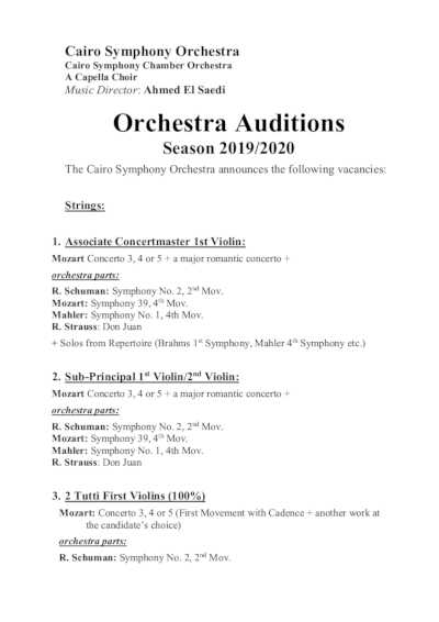 La Orquesta Sinfónica de El Cairo, Egipto, anuncia audiciones para cubrir puestos vacantes