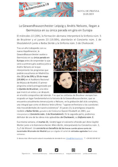 La Gewandhausorchester Leipzig y Andris Nelsons, llegan a Ibermúsica en su única parada en gira en Europa