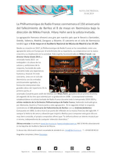 La Philharmonique de Radio France conmemora el 150 aniversario del fallecimiento de Berlioz el 8 de mayo en Ibermúsica
