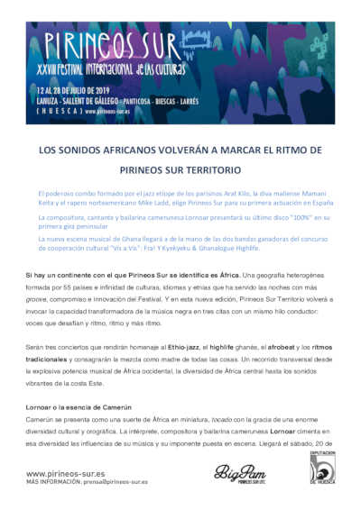 Los sonidos africanos volverán a marcar el ritmo de Pirineos Sur Territorios