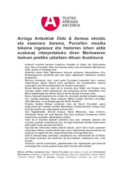 El Teatro Arriaga produce y lleva a escena Dido & Aeneas