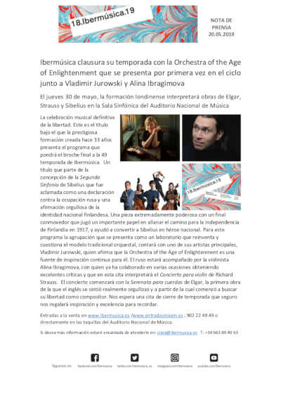 Ibermúsica clausura temporada el 30 de mayo con la Orchestra of the Age of Enlightenment
