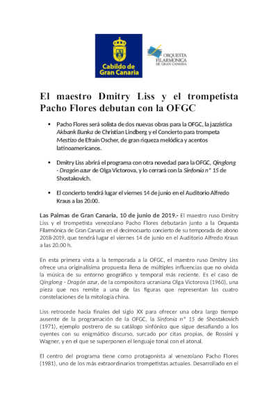 El maestro Dmitry Liss y el trompetista Pacho Flores debutan con la OFGC El maestro Dmitry Liss y el trompetista Pacho Flores debutan con la OFGC