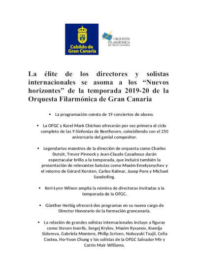 La élite de los directores y solistas internacionales se asoma a los “Nuevos horizontes” de la temporada 2019-20 de la OFGC