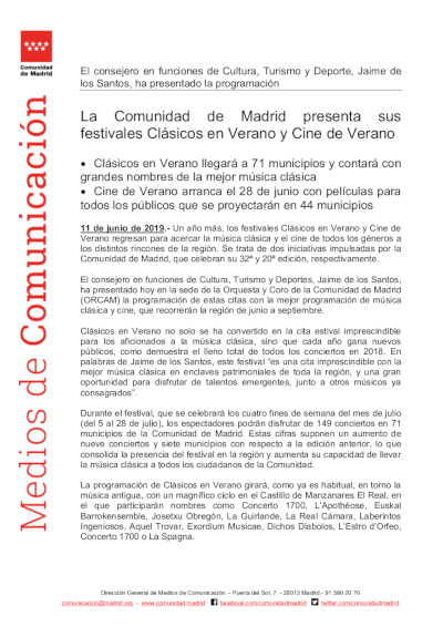 La Comunidad de Madrid presenta sus festivales Clásicos en Verano y Cine de Verano