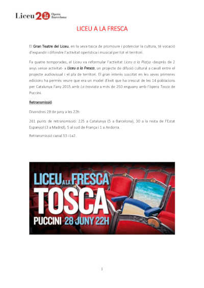 Más de 250 municipios de España y el sur de Francia celebran el 5º aniversario del «Liceu a la Fresca»