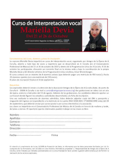 La soprano Mariella Devia impartirá el «Curso de Interpretación Vocal» en A Coruña