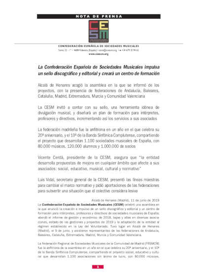 La Confederación Española de Sociedades Musicales impulsa un sello discográfico y editorial y creará un centro de formación