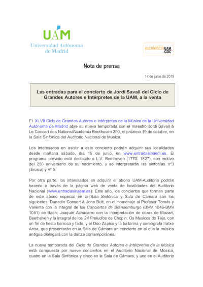 Las entradas para el concierto de Jordi Savall del Ciclo de Grandes Autores e Intérpretes de la UAM, a la venta