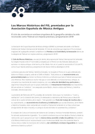 Los Marcos Históricos del FIS, premiados por la Asociación Española de Música Antigua