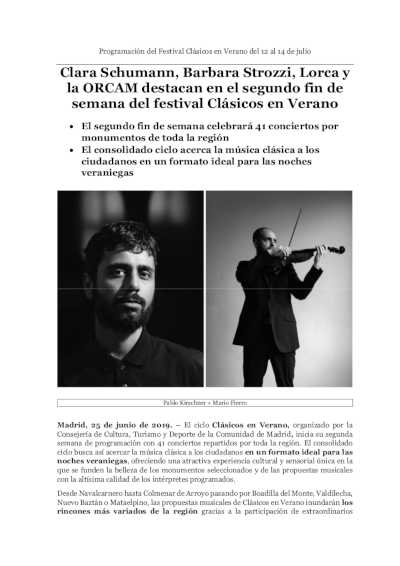 Clara Schumann, Barbara Strozzi, Lorca y la ORCAM destacan en el Festival Clásicos en Verano