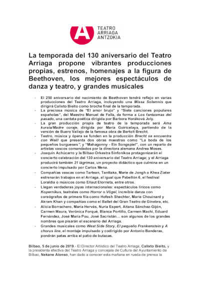 Anunciada la temporada del 130 aniversario del Teatro Arriaga de Bilbao Anunciada la temporada del 130 aniversario del Teatro Arriaga de Bilbao