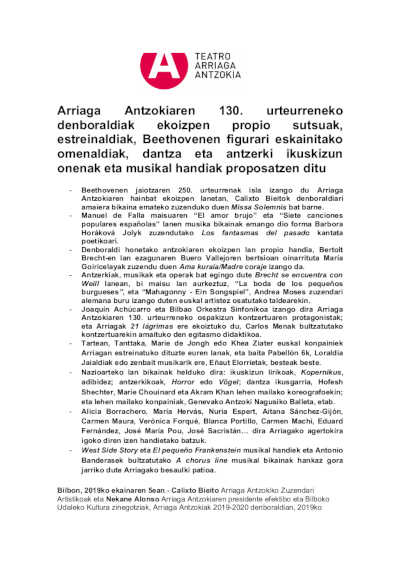 Anunciada la temporada del 130 aniversario del Teatro Arriaga de Bilbao Anunciada la temporada del 130 aniversario del Teatro Arriaga de Bilbao