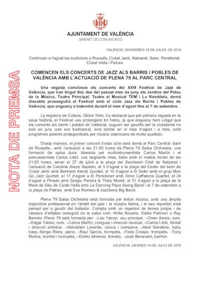 Empiezan los conciertos de jazz en los barrios y pueblos de València con Plena 79