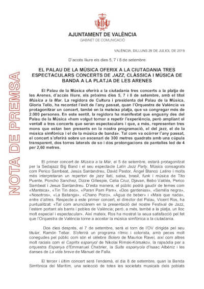 El Palau de la Música ofrece conciertos de jazz, clásica y música de banda en la playa de Las Arenas