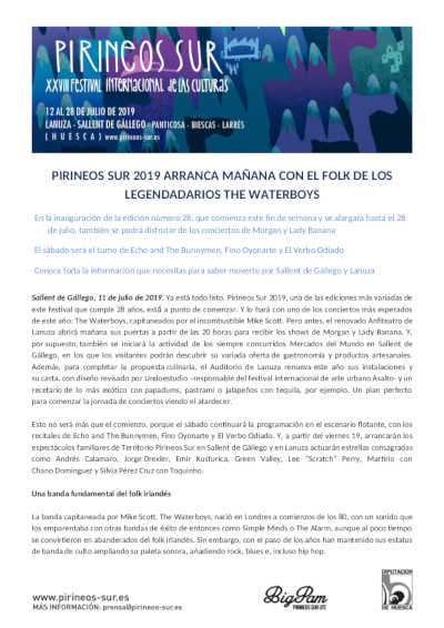 Pirineos Sur 2019 arranca mañana con el folk de los legendarios The Waterboys