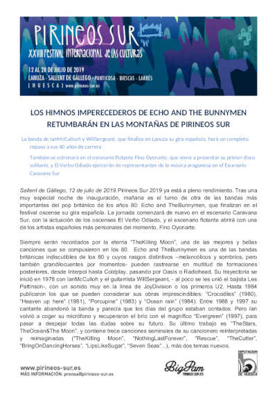 Los himnos imperecederos de Echo & The Bunnymen retumbarán en las montañas de Pirineos Sur