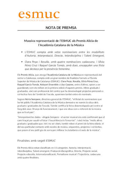 Masiva representación de la ESMUC en los Premios Alícia de la Academia Catalana de la Música Masiva representación de la ESMUC en los Premios Alícia de la Academia Catalana de la Música